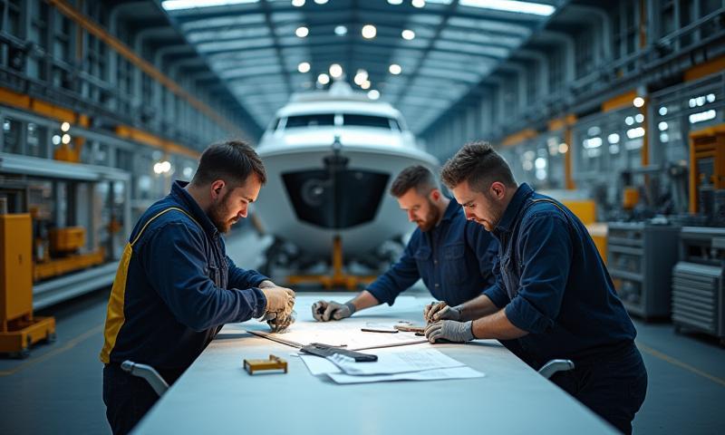 Aegean Yachts team members working meticulously on a yacht in a modern shipyard, emphasizing craftsmanship.