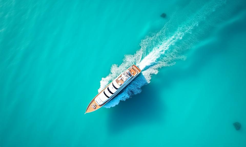 Aerial view of a superyacht cruising pristine turquoise waters, leaving a gentle wake.
