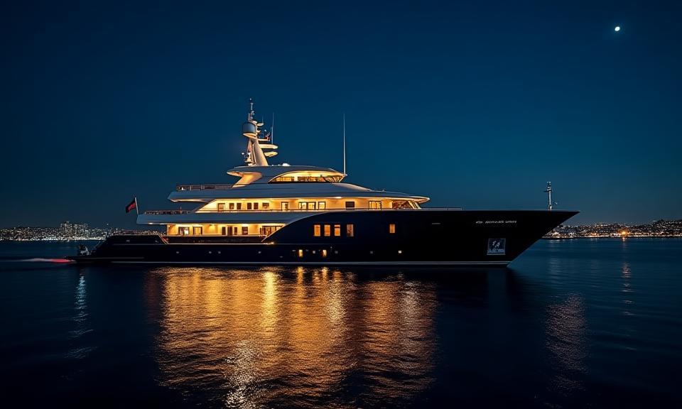 Luxury yacht illuminated at night on an evening cruise, reflecting city lights.