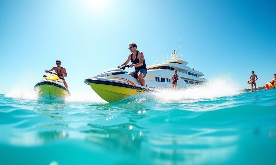 Guests enjoying exhilarating water sports off the stern of a luxury yacht in crystal clear waters.