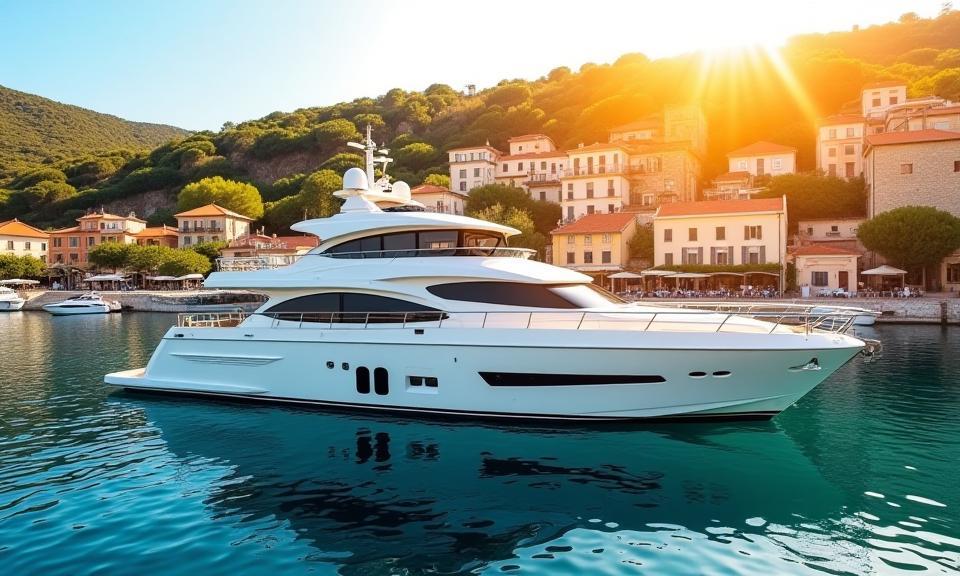 A luxury yacht docked in a picturesque Mediterranean harbor, bathed in golden light.
