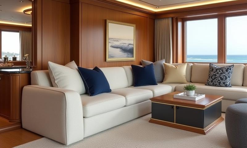 Luxurious yacht interior design details with custom furniture and fine finishes.