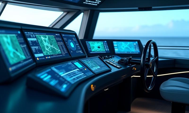 Modern yacht bridge with advanced navigation displays, showcasing AI navigation.