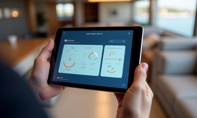 Tablet displaying smart home controls on a yacht, demonstrating seamless integration.